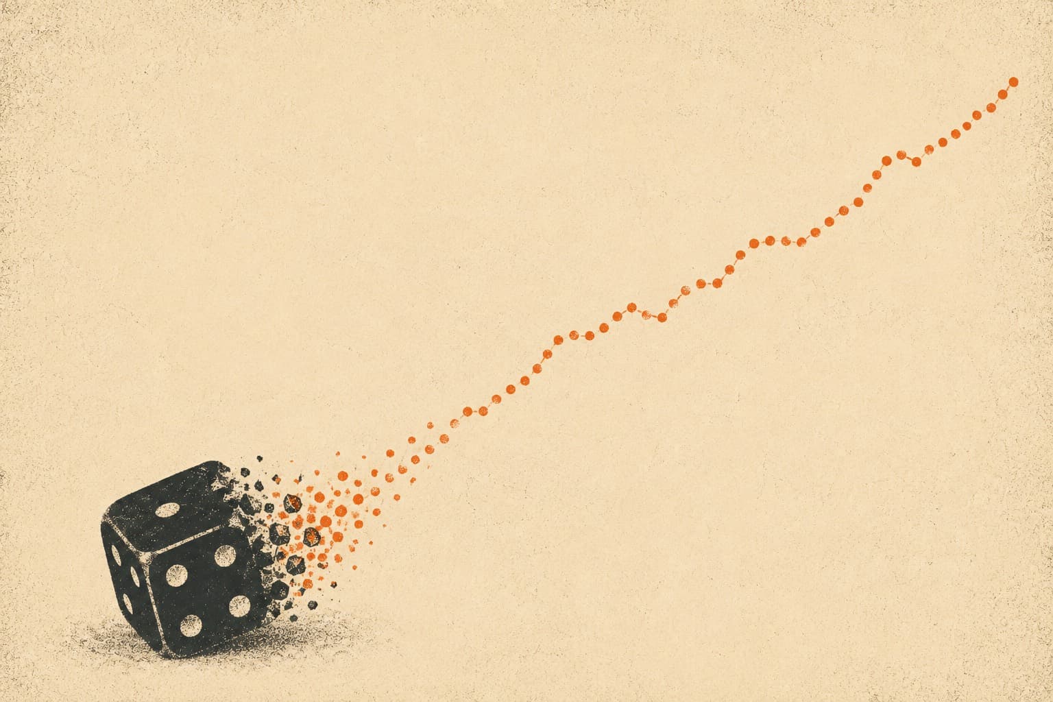A black die crumbles into orange dots that rise into a steady climbing line, in a textured silkscreen print.