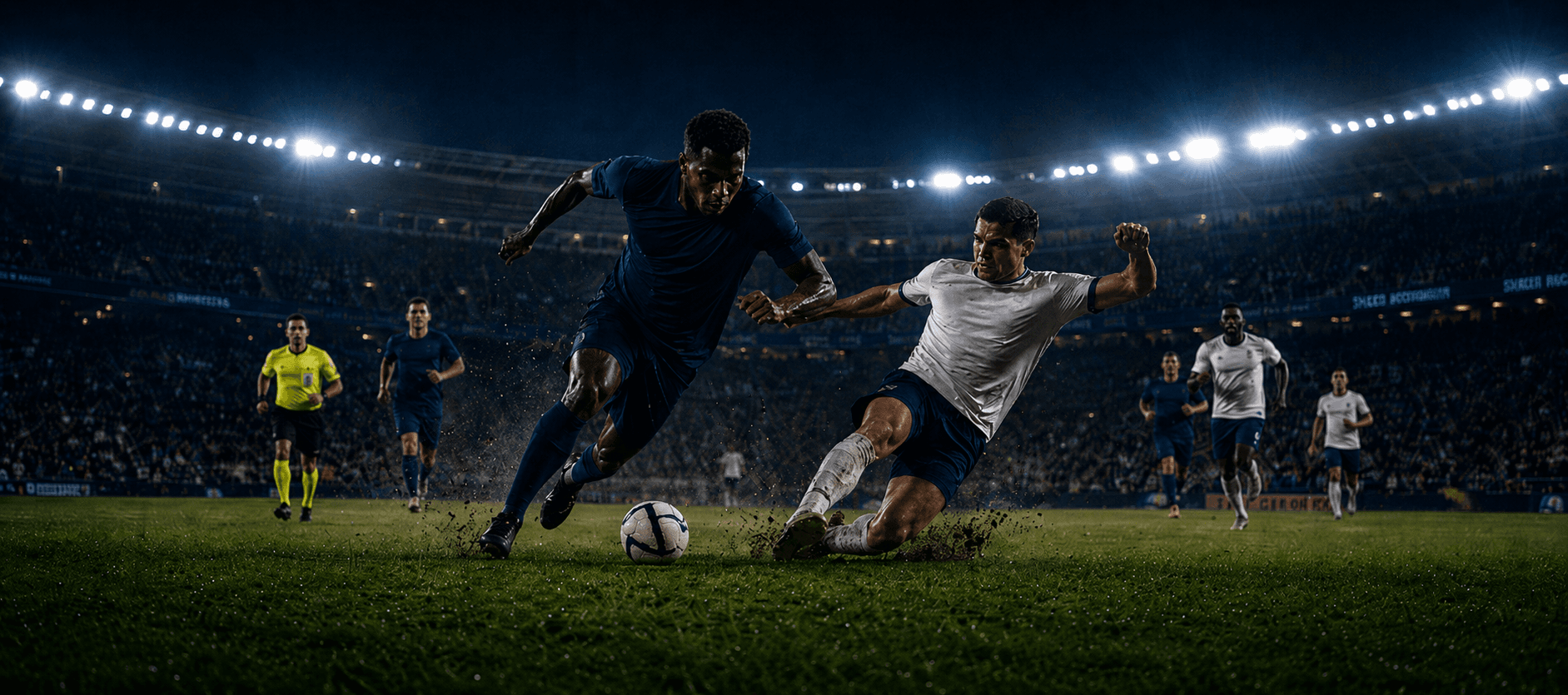 Two footballers contesting the ball under stadium floodlights
