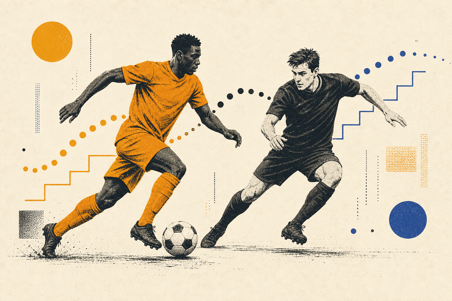Editorial illustration of two footballers competing for the ball